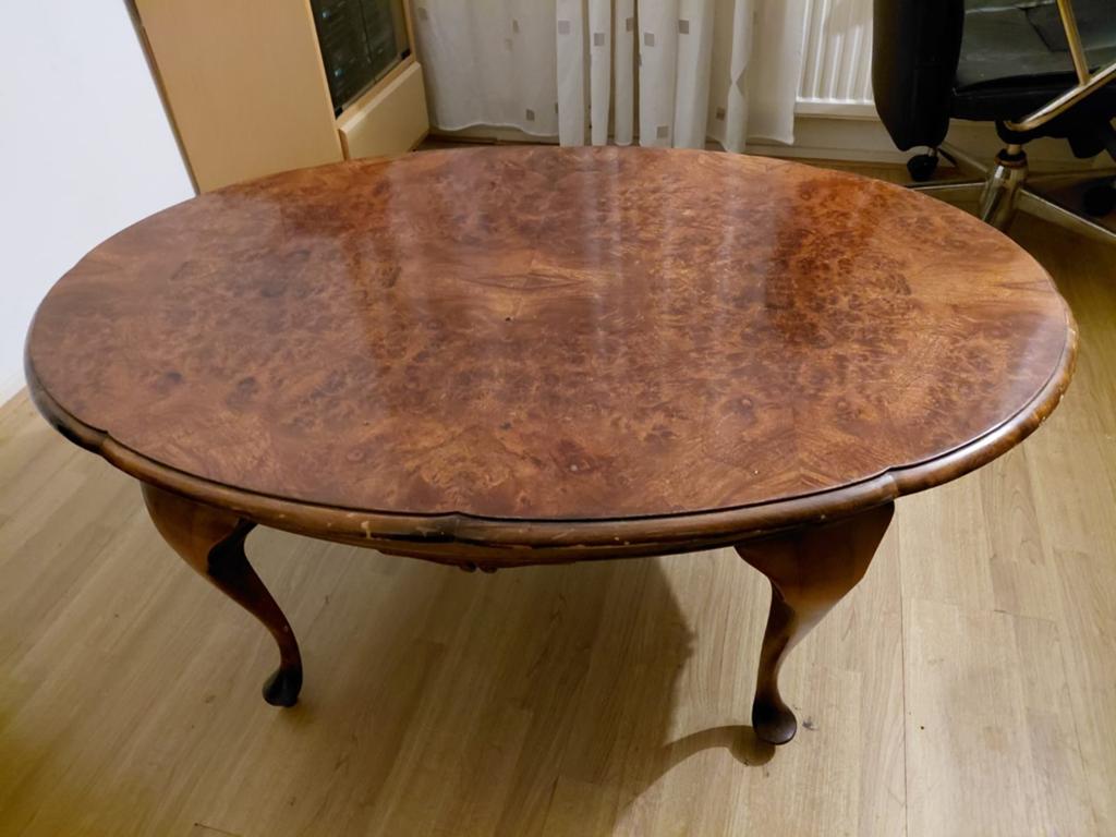 Antieke salontafel, ovaal, wortelnoten fineer, Ophalen