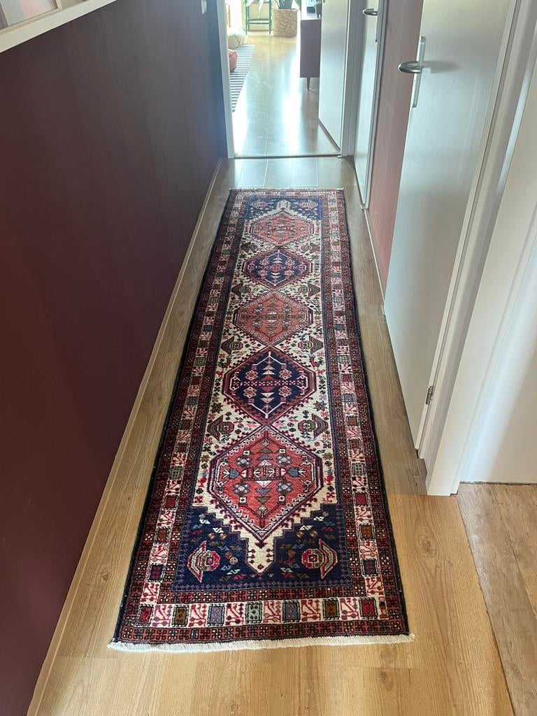 Vintage handgeknoopt perzisch tapijt loper ardebil, Ophalen, Crème, 200 cm of meer, 50 tot 100 cm