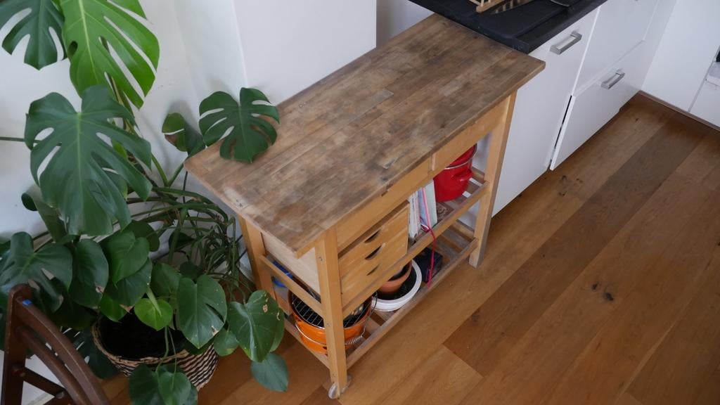 Wooden Kitchen Trolley with Drawers and Storage Space, Ophalen, Gebruikt, Hout, Keukentrolley