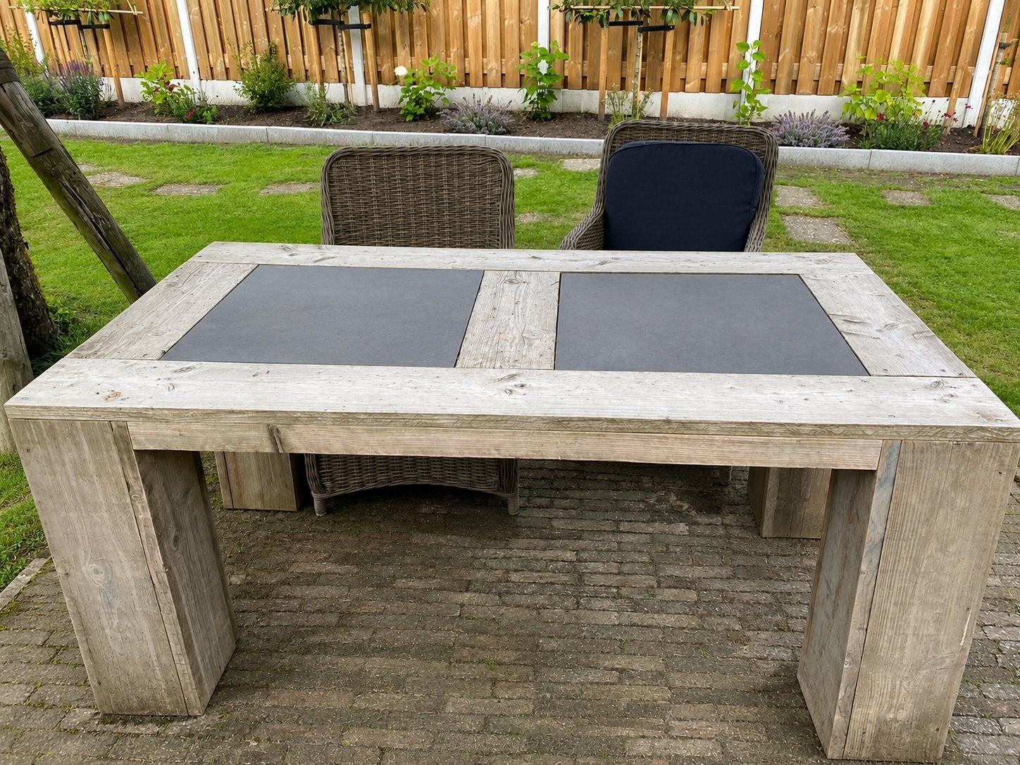 Houten buitentafel met natuurstenen blad (180x100x78cm), Tuin en Terras, Tuintafels, Ophalen, Zo goed als nieuw, Rechthoekig, Hout