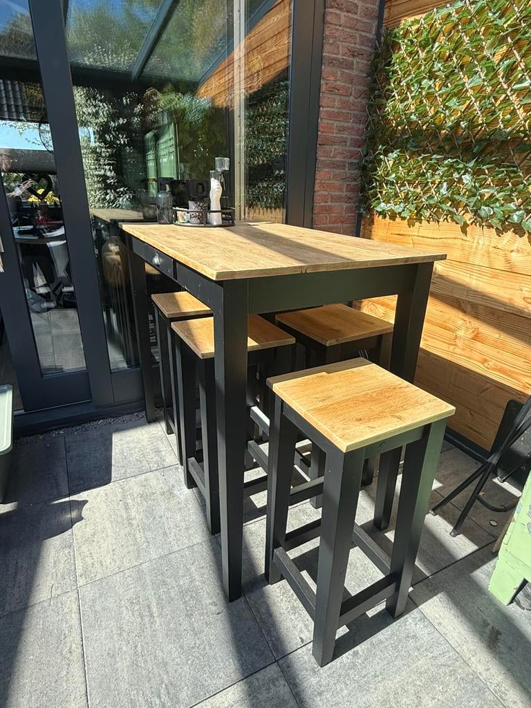 Houten bartafel + 5 krukken, Ophalen, Gebruikt