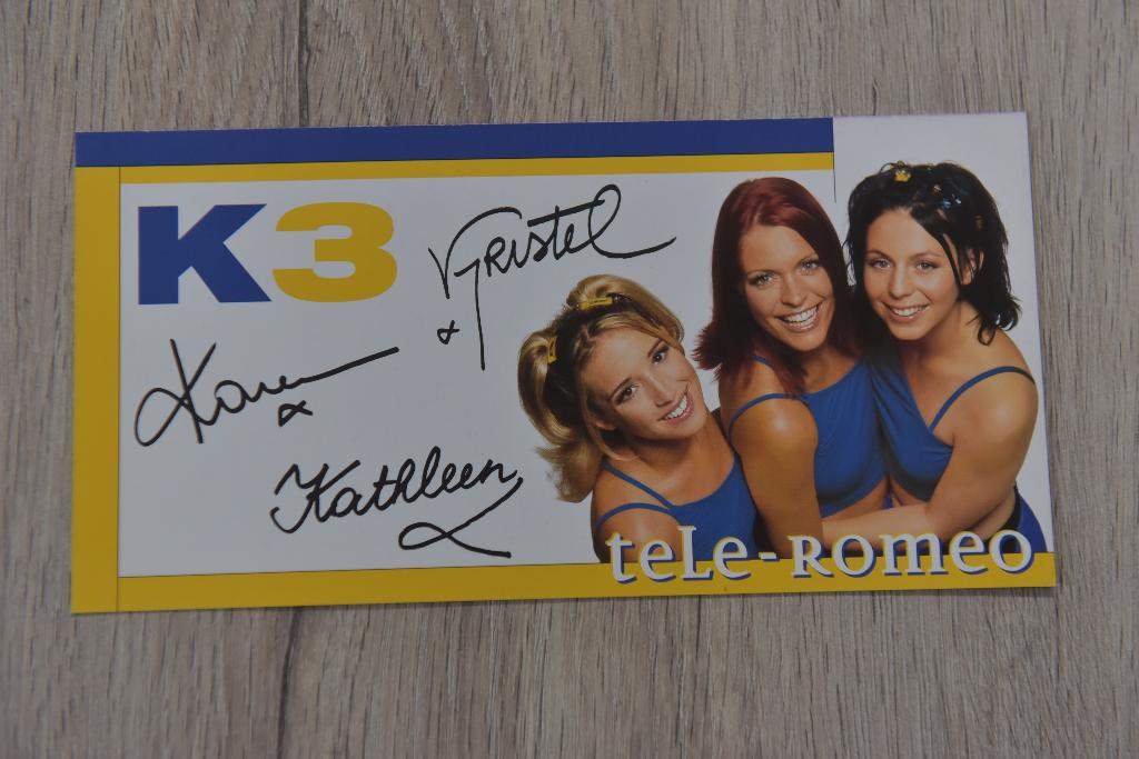 PROMOTIE KAART VAN K3 - -TELE-ROMEO met handtekeningen gedru, Verzenden, Nieuw, Foto of Kaart, Gesigneerd