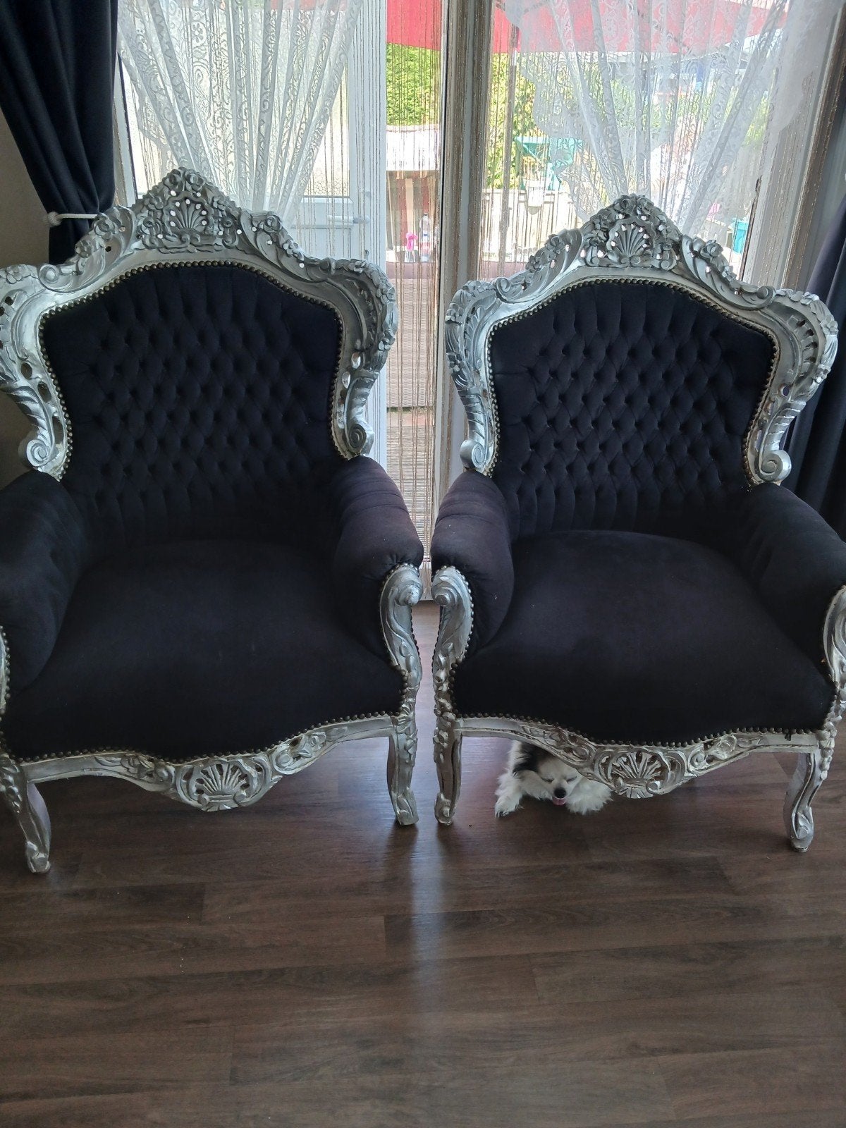 Set van 2 Barok Fauteuils - Zwart Fluweel & Zilver, Huis en Inrichting, Stoelen, Ophalen, Gebruikt, Twee, Zwart