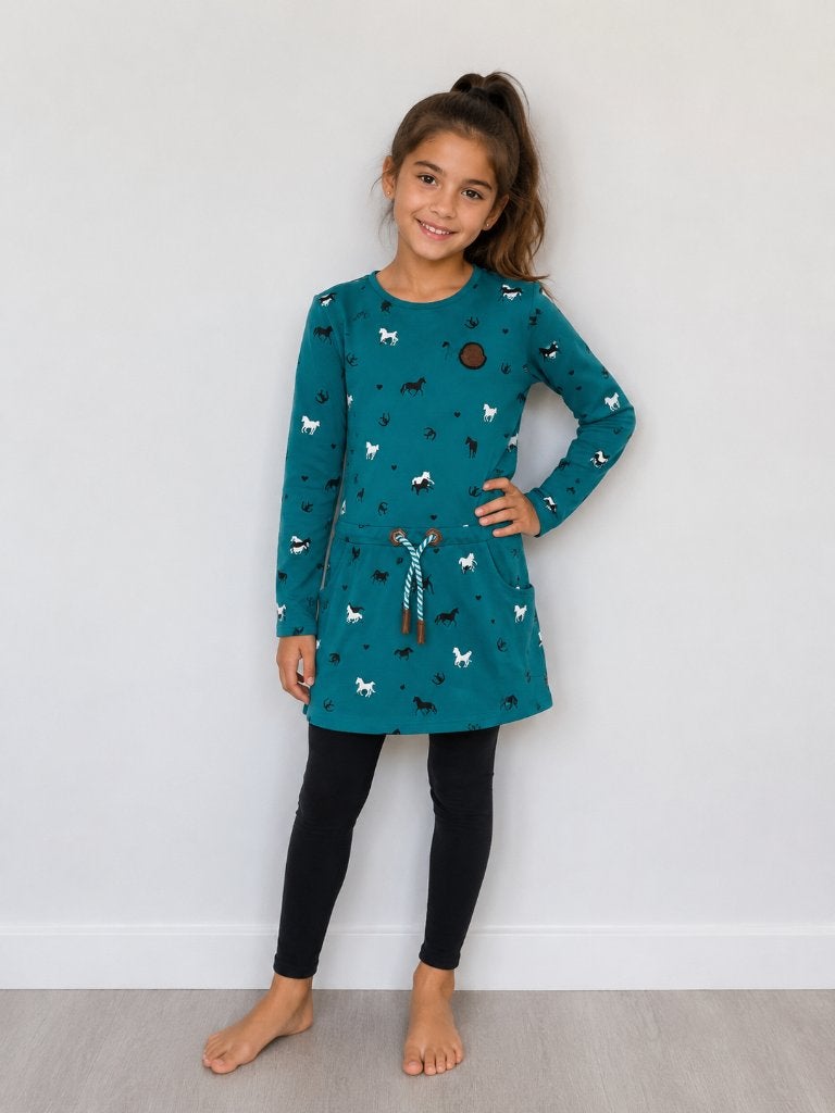 Jurk Squared and Cubed petrol met paardjes mt 146-152 NIEUW, SO, Meisje, Nieuw, Jurk of Rok
