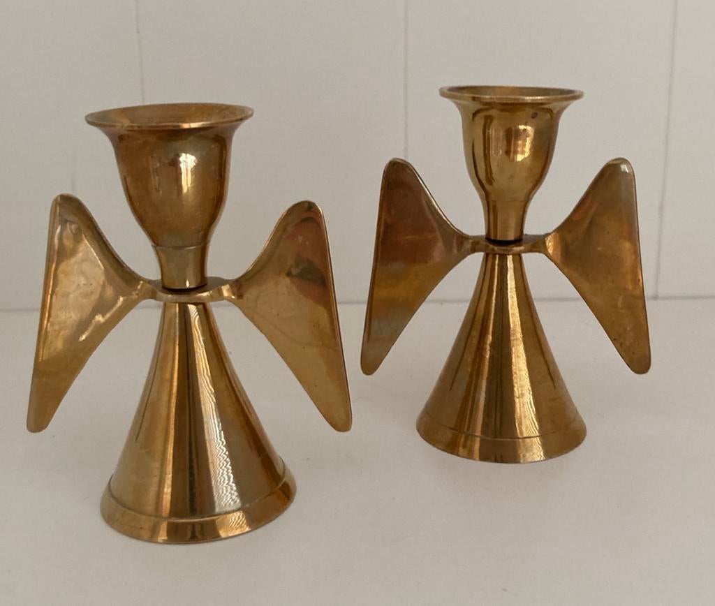 Vintage - set van 2 messing kandelaars - Angel Wings, Antiek en Kunst, Ophalen of Verzenden, Koper of Brons