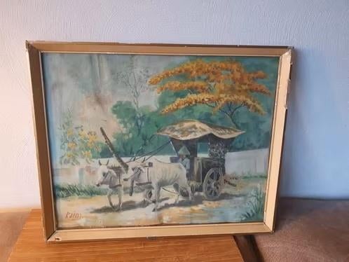 heel oud schilderij op doek Indonesie Karma rijtuig ossen, Antiek en Kunst, Ophalen