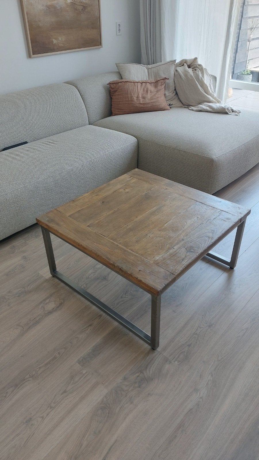 Robuuste salontafel van hout en metaal, Gebruikt, 50 tot 100 cm, Industrieel, Landelijk, Vierkant