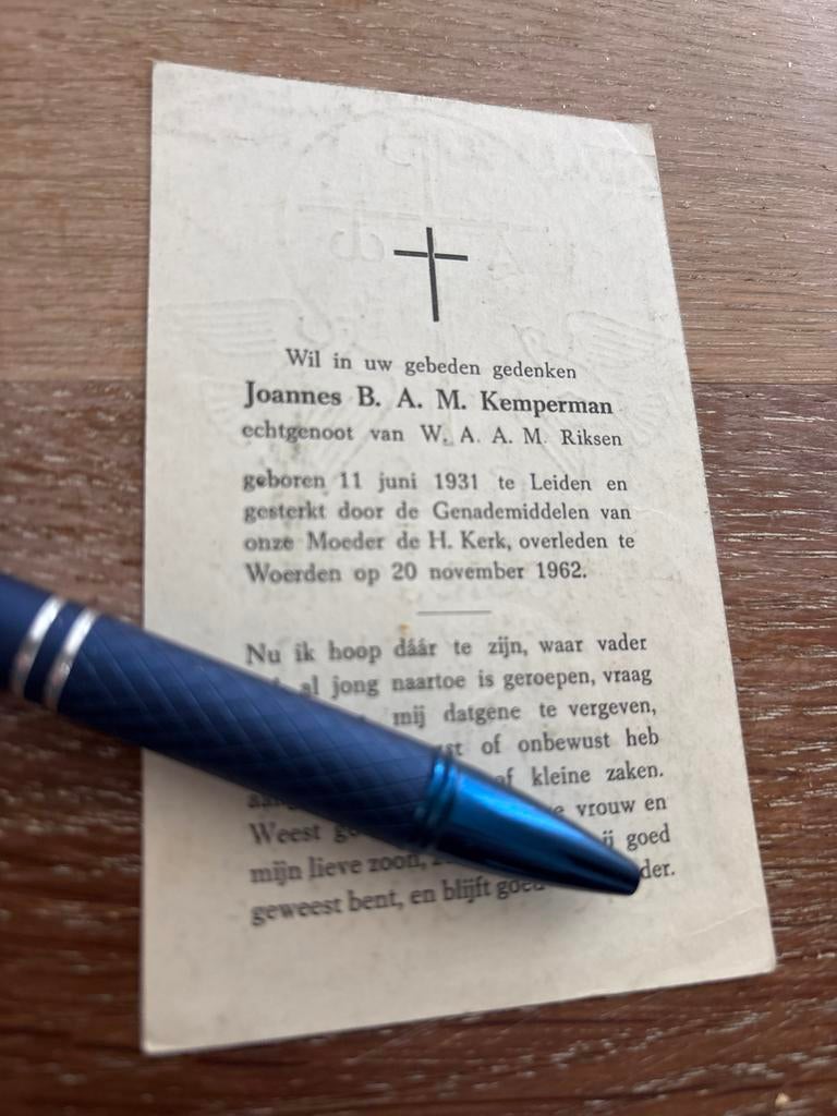 Kemperman Joannes 1931 Leiden 1962 Woerden x Riksen - E00255, Ophalen of Verzenden, Bidprentje