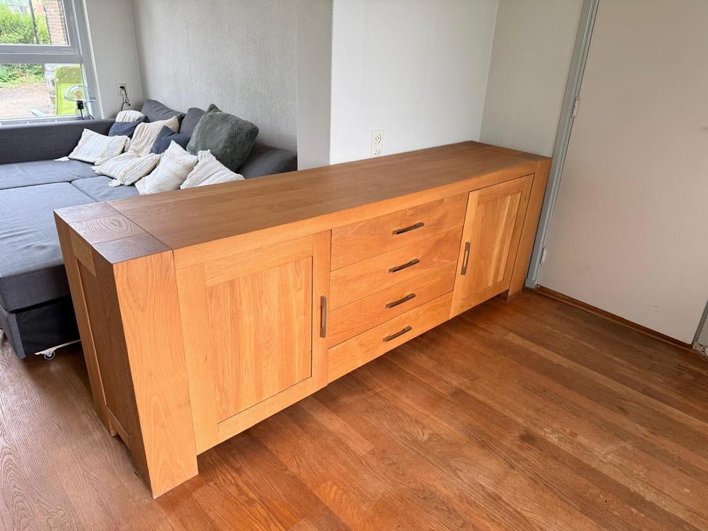 Massief eikenhouten dressoir met soft-close lades – 220 cm, Ophalen, Met deur(en), Zo goed als nieuw, 200 cm of meer