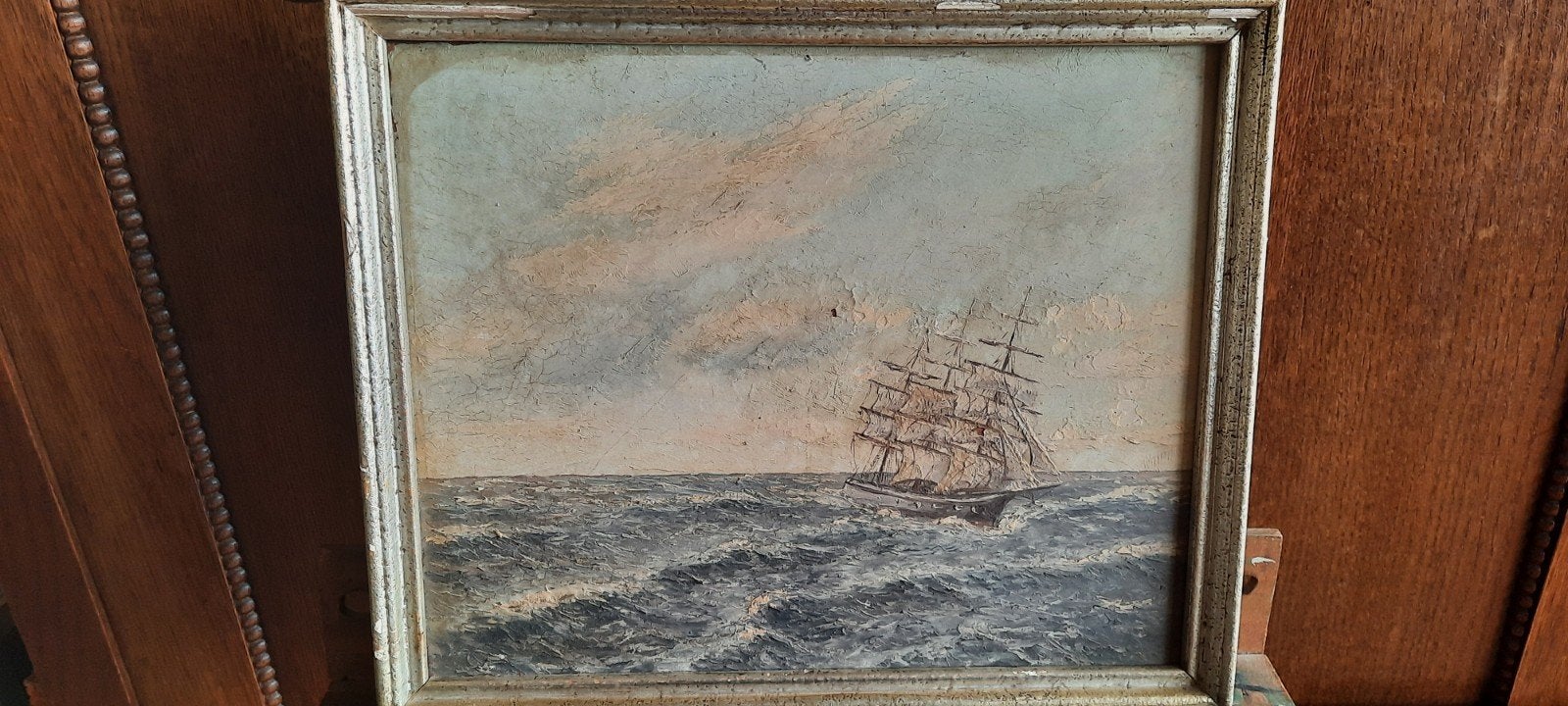 Olieverfschilderij: driemaster op woelige zee, Maritiem / water, Ingelijst, Doek, Realistisch