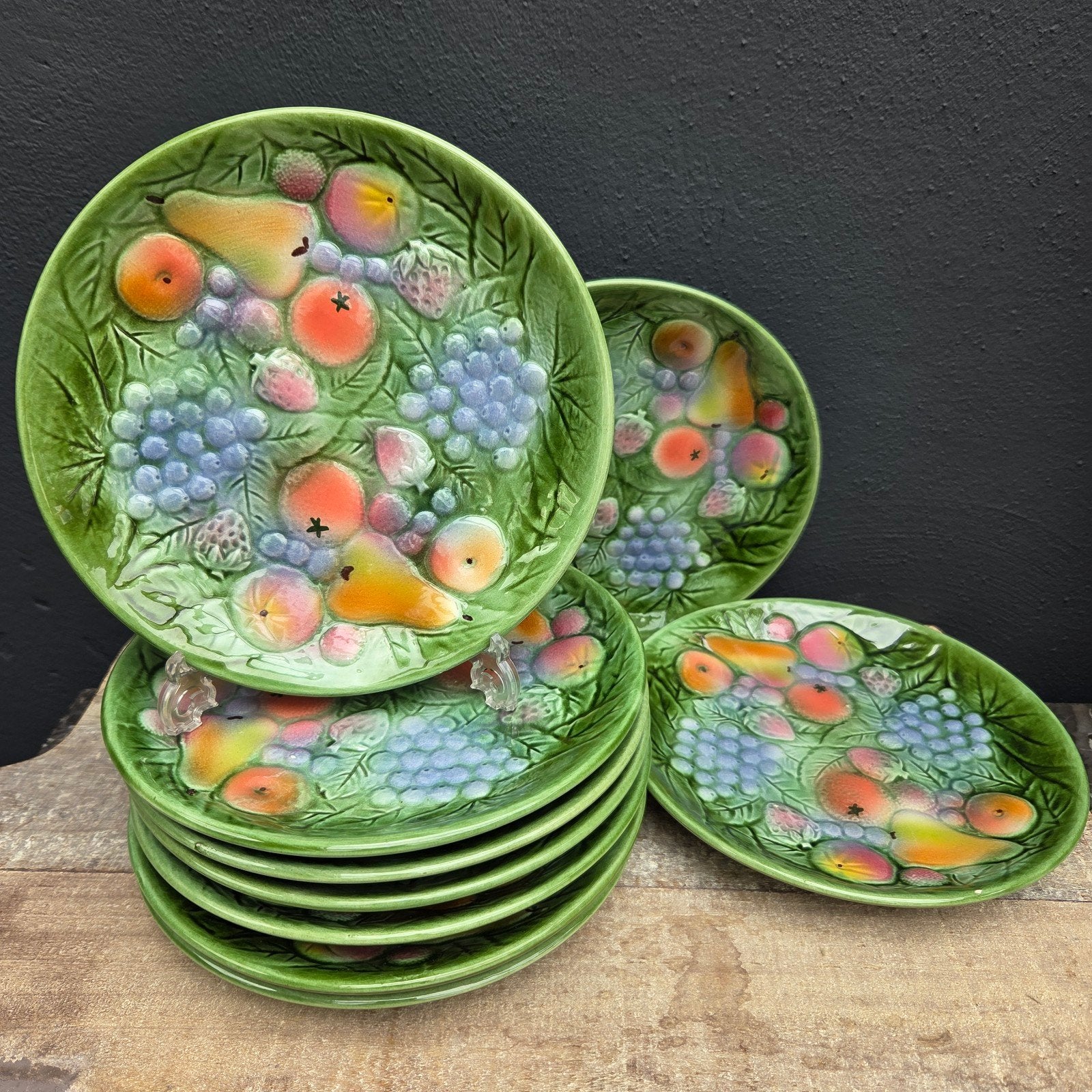 9 Brocante Majolica Aardewerk Fruitborden - Set van 8, Ophalen of Verzenden