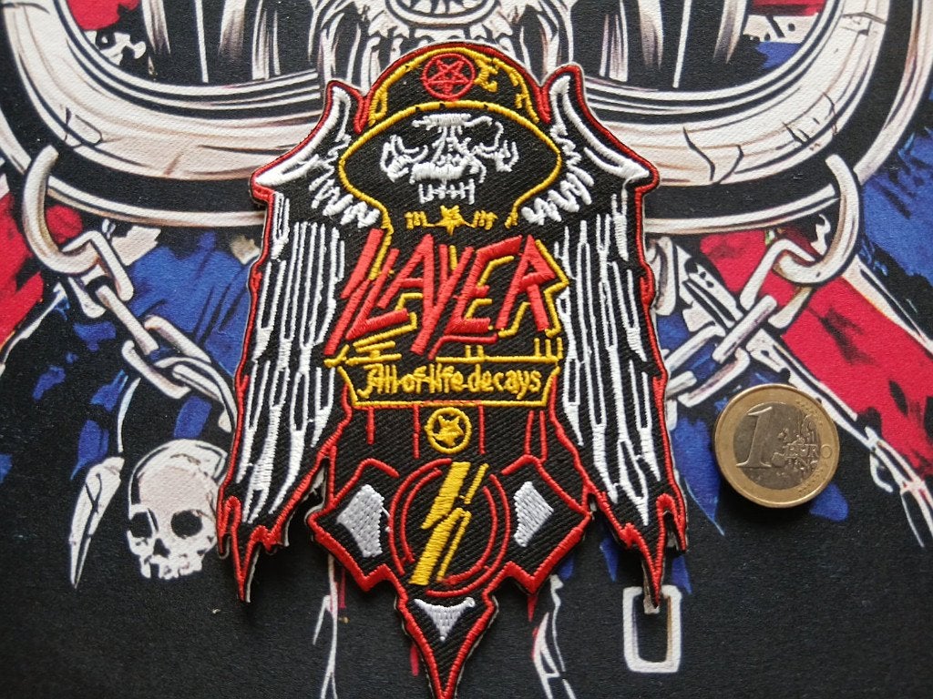 Slayer vrij mooie shaped all of life decays patch 93 metal, Verzenden, Zo goed als nieuw, Foto of Kaart
