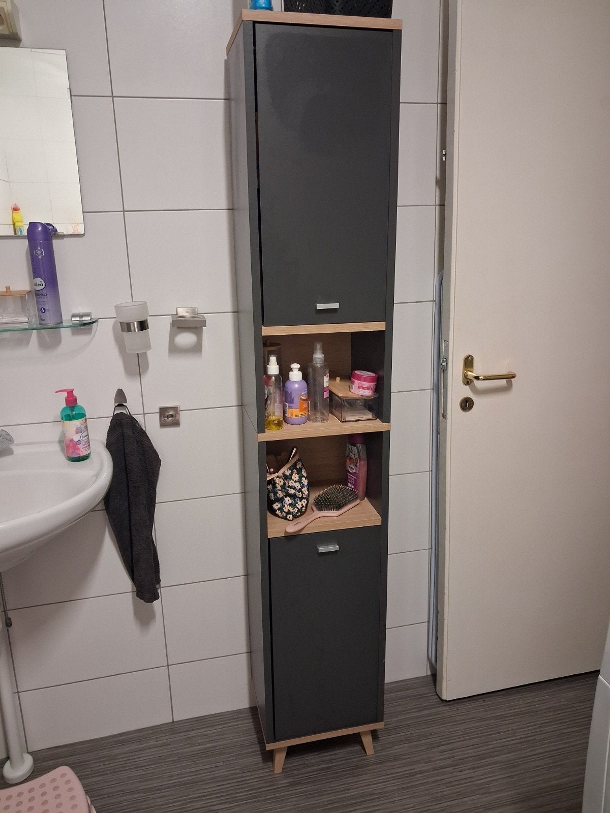 Hoge badkamerkast met open vakken en deuren, Ophalen, (Half)hoge kast, Minder dan 50 cm, Zo goed als nieuw