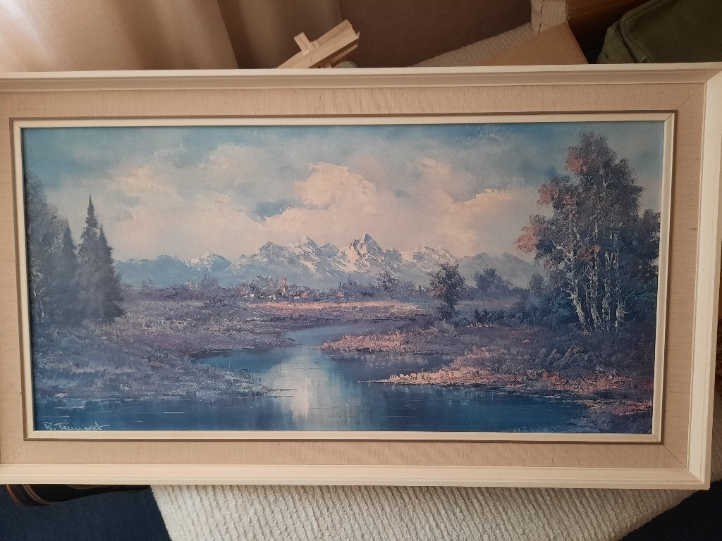 Schilderij R. Treuvert - Berglandschap met rivier, Landschap, Ophalen of Verzenden, Overige materialen, Overige technieken