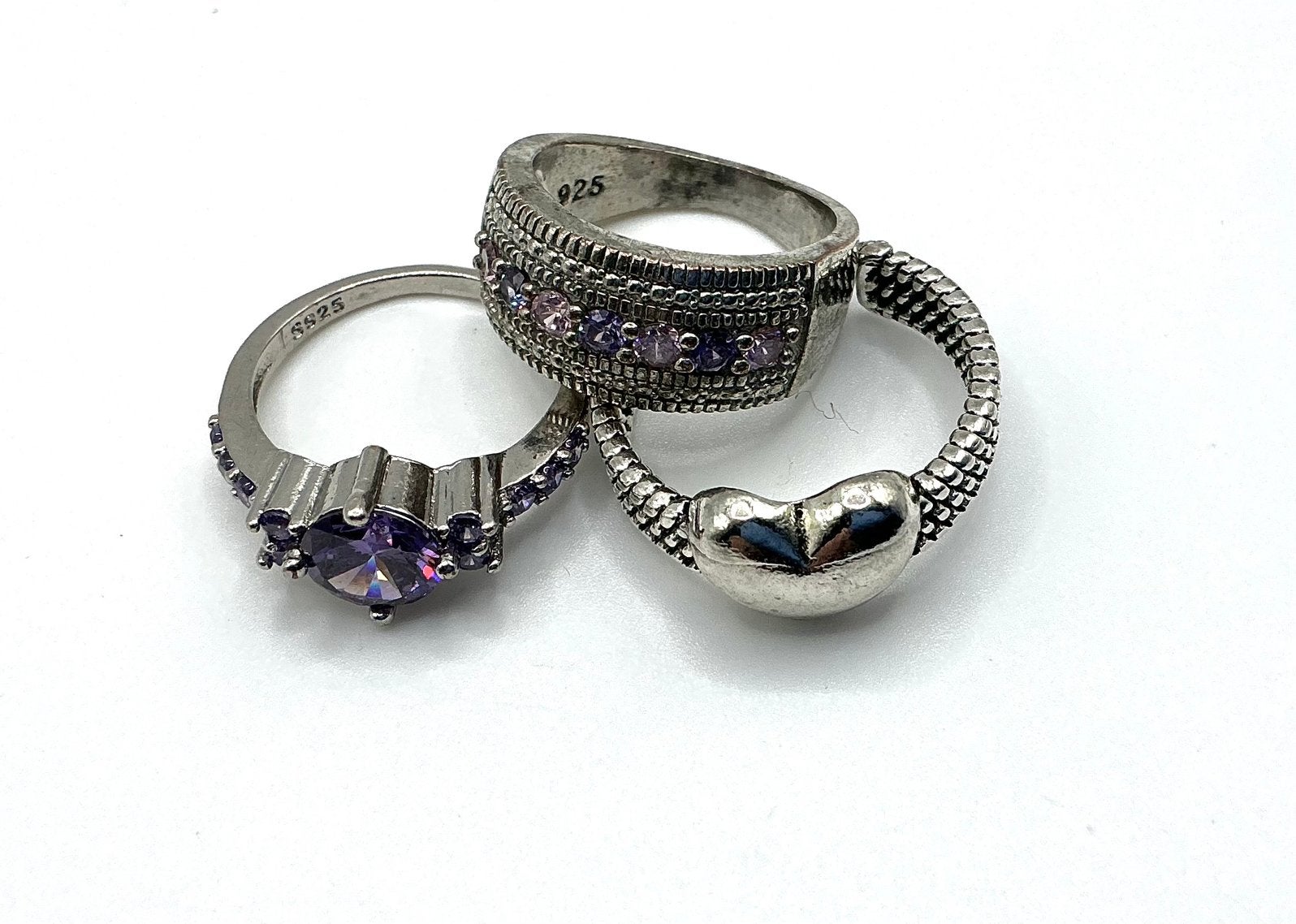 Vintge ringen 925 zilver 3 stuks paarse steen hart Swarovski, Verzenden, Zilver, Ring