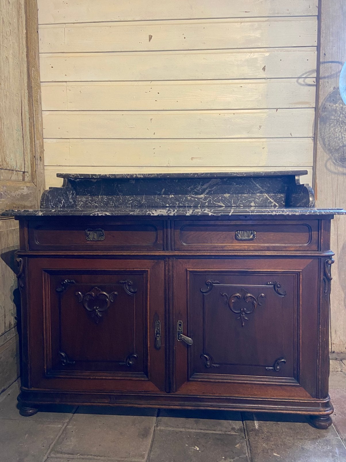 Antiek commode met zwart grijs marmer en spiegel, Ophalen
