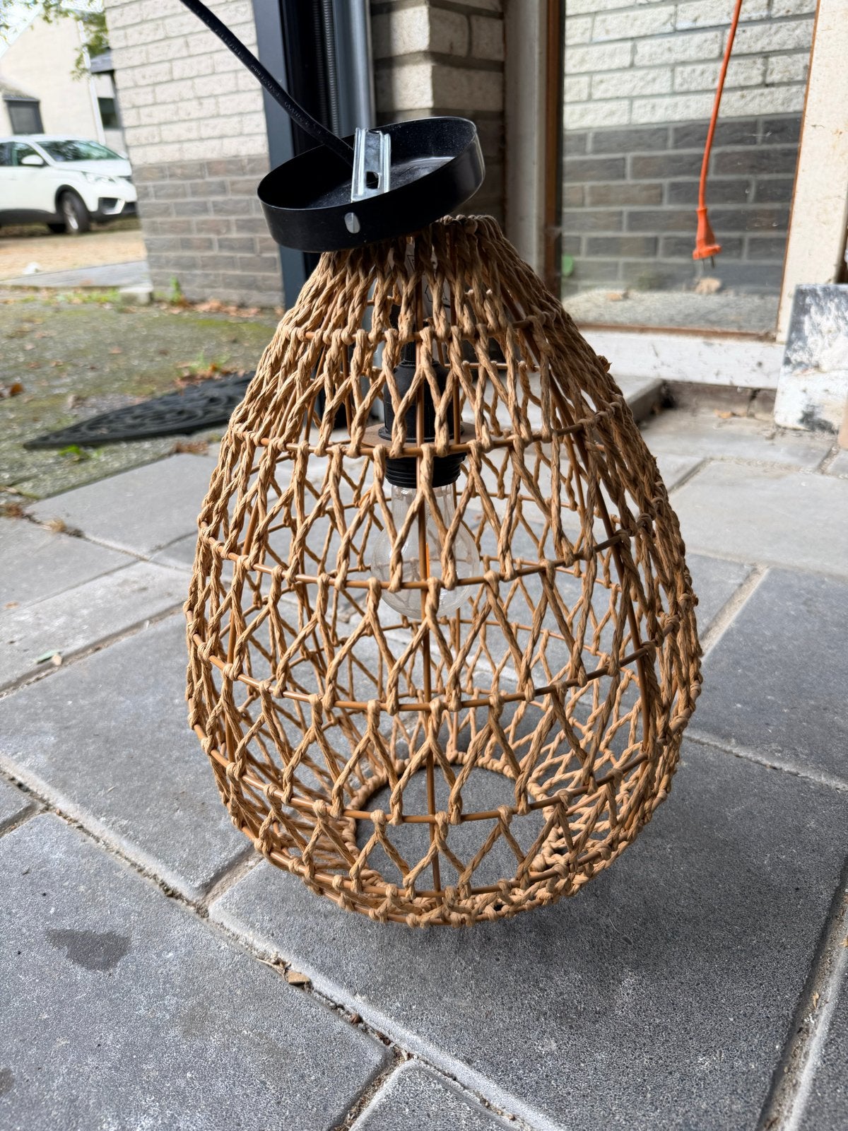 Rotan hanglamp - Boheemse stijl, Ophalen of Verzenden, Zo goed als nieuw, Natuurlijk materiaal, E27 (groot)