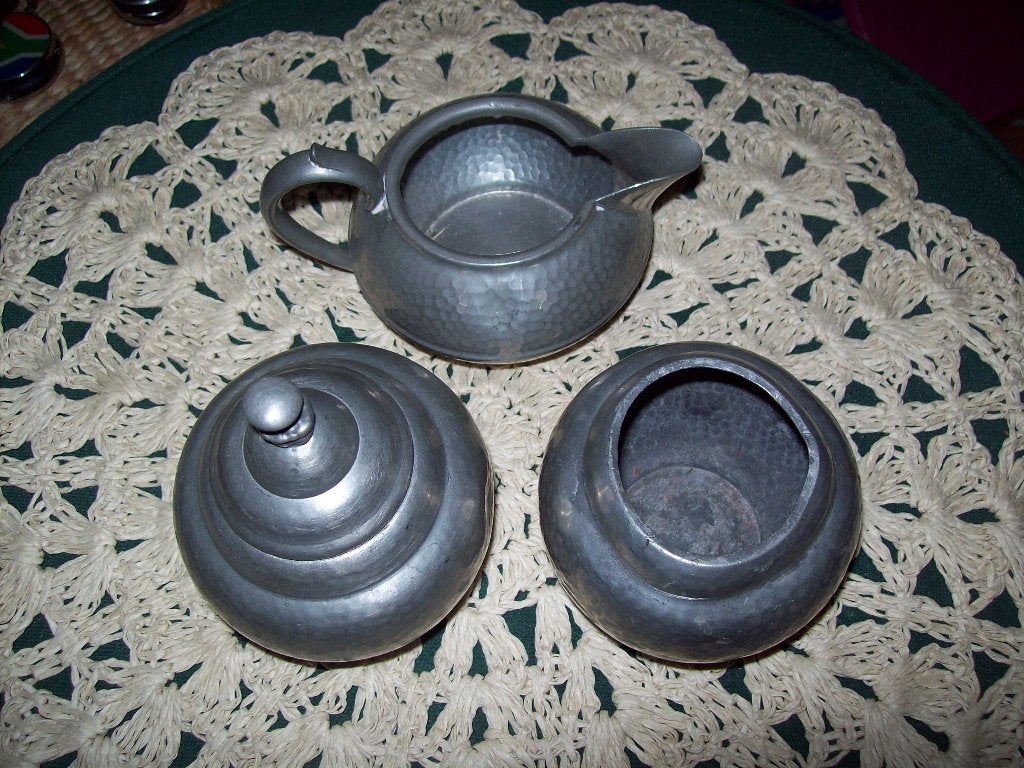 Set van 3 Melk- en Suikerkannetjes tin Hamerslag, Antiek en Kunst, Ophalen of Verzenden