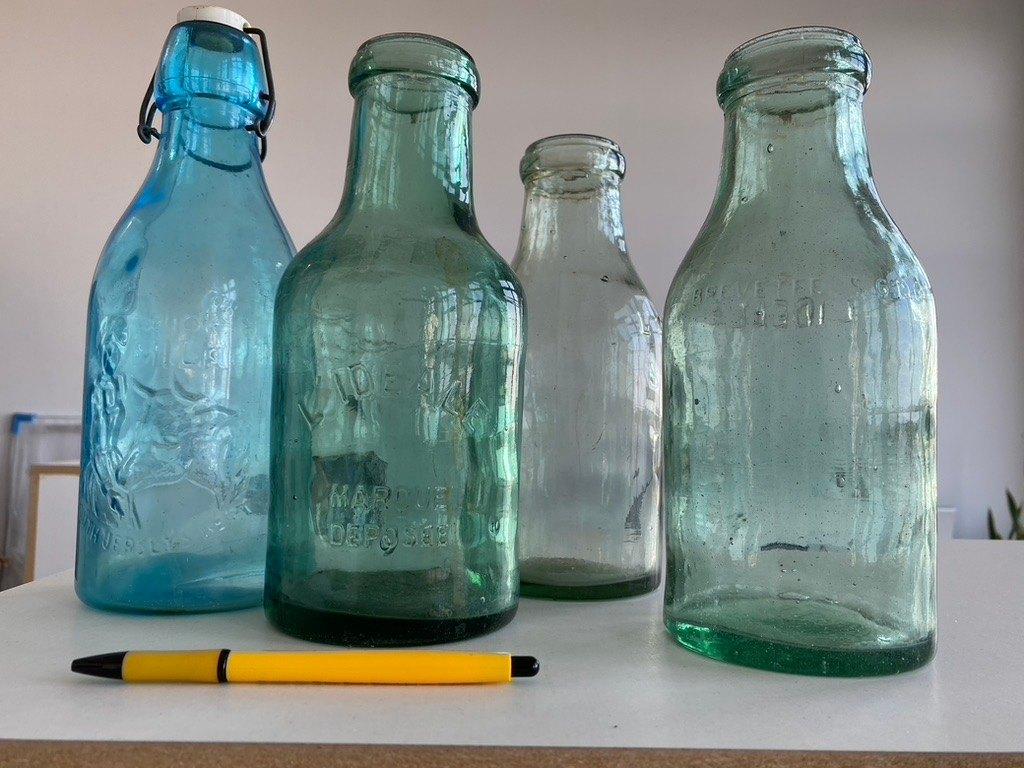 4 antieke franse flessen gekleurd glas, Ophalen of Verzenden