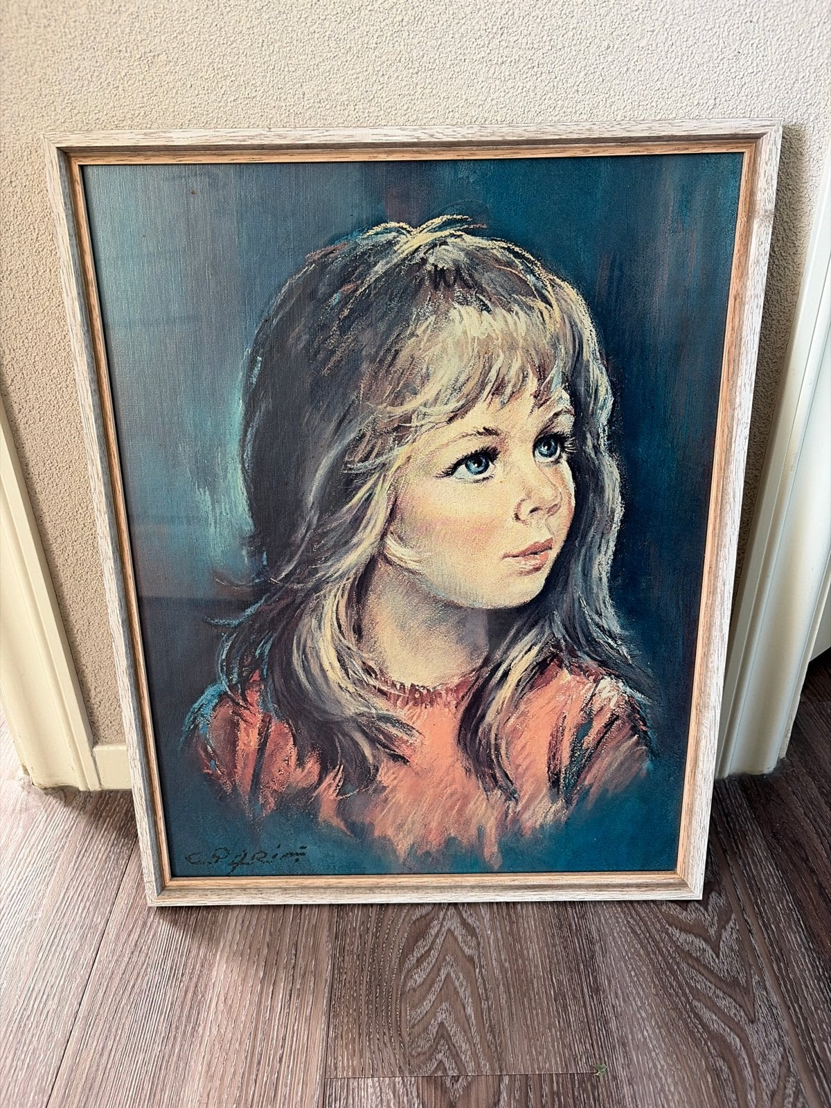 Vintage Portret Schilderij Meisje met Blauwe Ogen, Ophalen, Doek, Portret of Personen, Gesigneerd