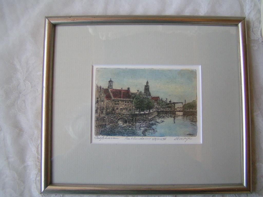 ingelijste gesigneerde ets Delfshaven nr VV 445, Antiek en Kunst, Verzenden