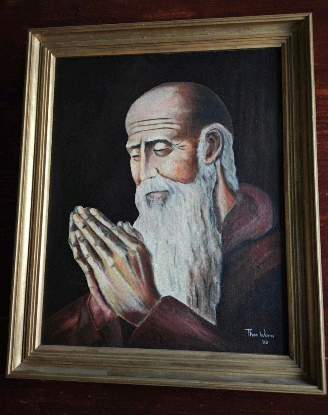 Theo Worm — Olieverf schilderij (1983), biddende monnik, Antiek en Kunst, Kunst | Schilderijen | Klassiek, Paneel, Portret of Personen
