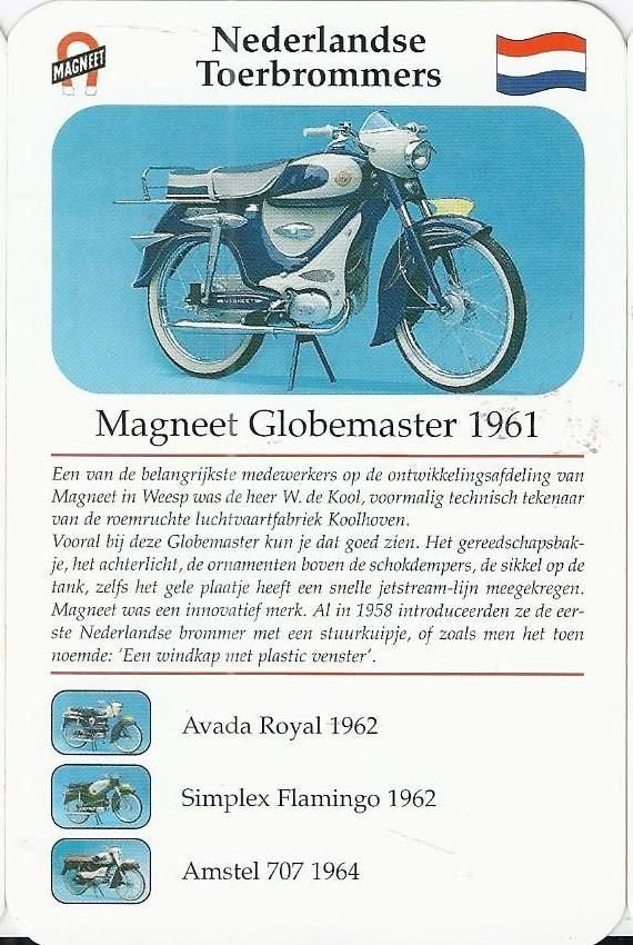 Kw4041 verzamelkaartje bromfiets magneet globemaster 1961, Ophalen of Verzenden, Zo goed als nieuw, Motoren