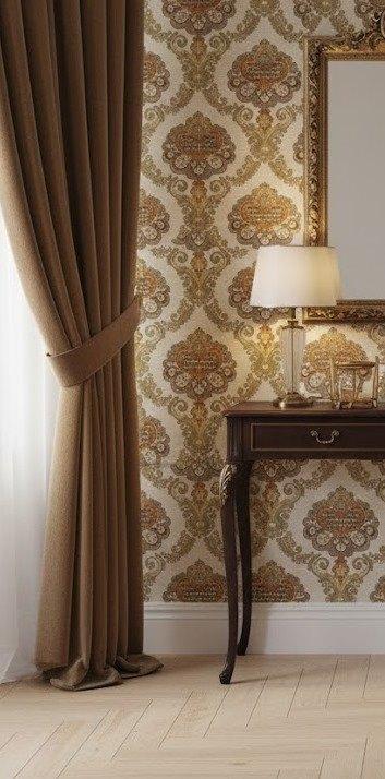 7195 Chique barok bruin goud vintage behang 70s klassiek, Ophalen of Verzenden, Minder dan 10 m², Bruin