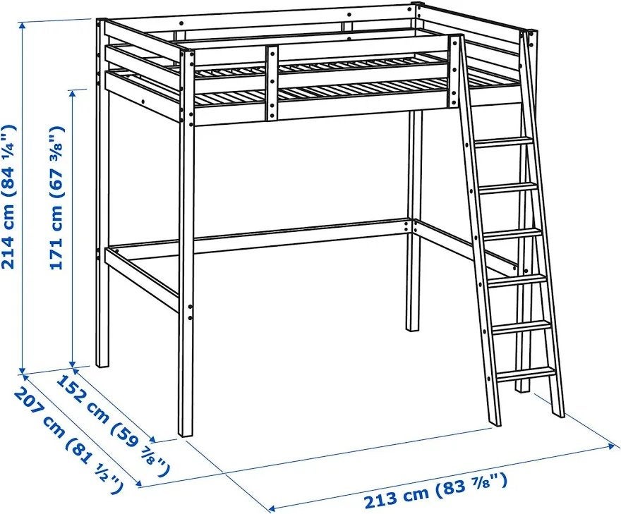 IKEA Stora hoogslaper, wit gebeitst, 140x200 cm, Wit, Tweepersoons, Zo goed als nieuw, 200 cm