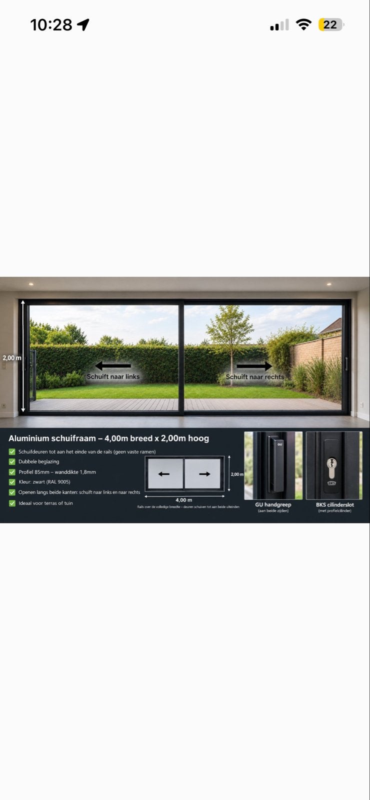 Aluminium schuifraam - 4m breed x 2m hoog, Ophalen, 120 cm of meer, Nieuw, Schuifdeur