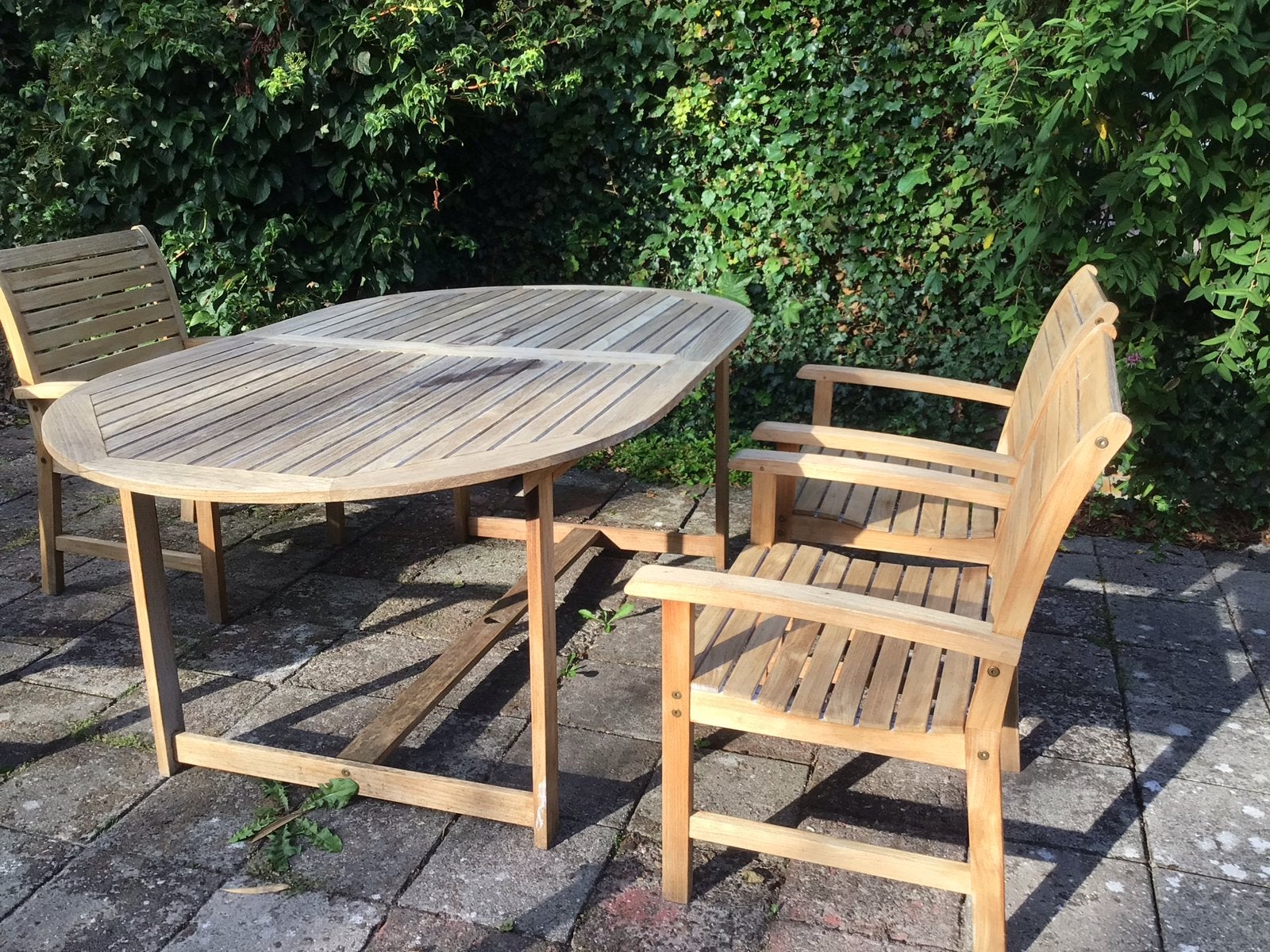 Teakhouten tuinset met uitschuifbare tafel en stoelen, Tuin en Terras, Ophalen, Gebruikt, Eettafel, 6 zitplaatsen