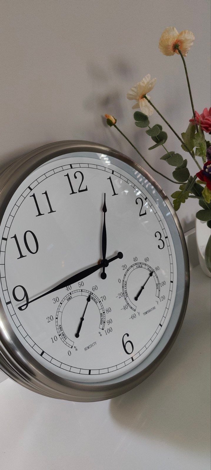 Grote wandklok met thermometer en hygrometer, Met thermometer, Analoog, Ophalen of Verzenden, Zilver