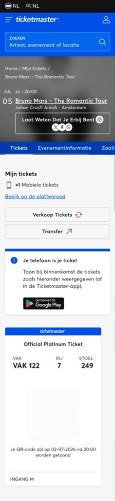 Bruno Mars Johan Cruijff Arena Amsterdam 05-07-2026, Tickets en Kaartjes, Concerten | Pop, Eén persoon, Juli