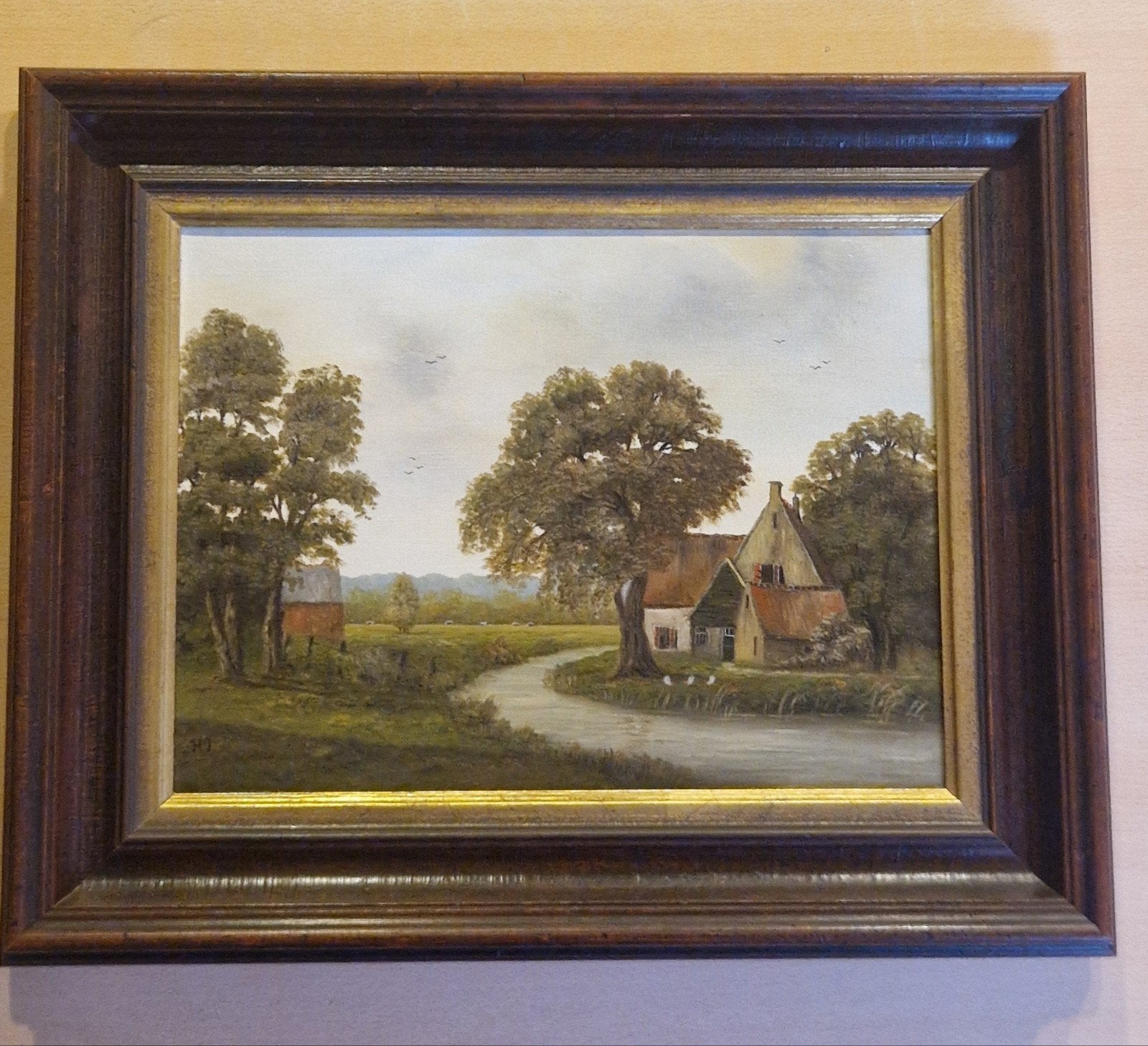 landschapsschilderij met boerderij – Gesigneerd HJ, Antiek en Kunst, Ophalen, Doek, Gesigneerd, Landschap