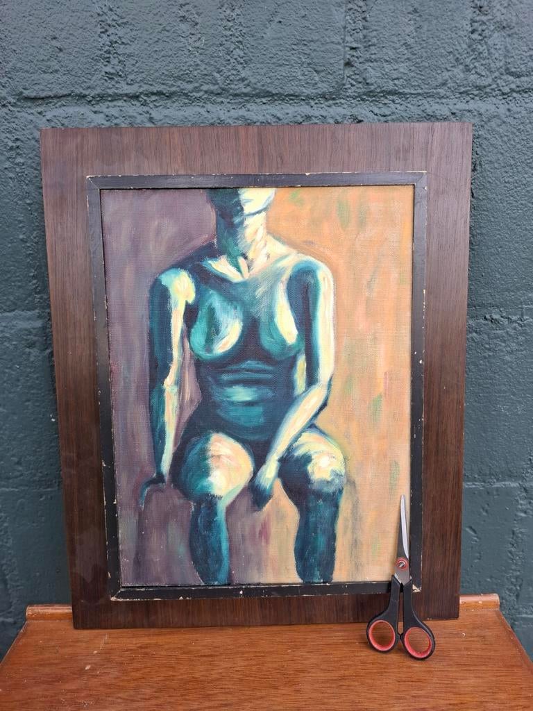 Abstract/figuratief schilderij – Zittend naaktfiguur, Ophalen