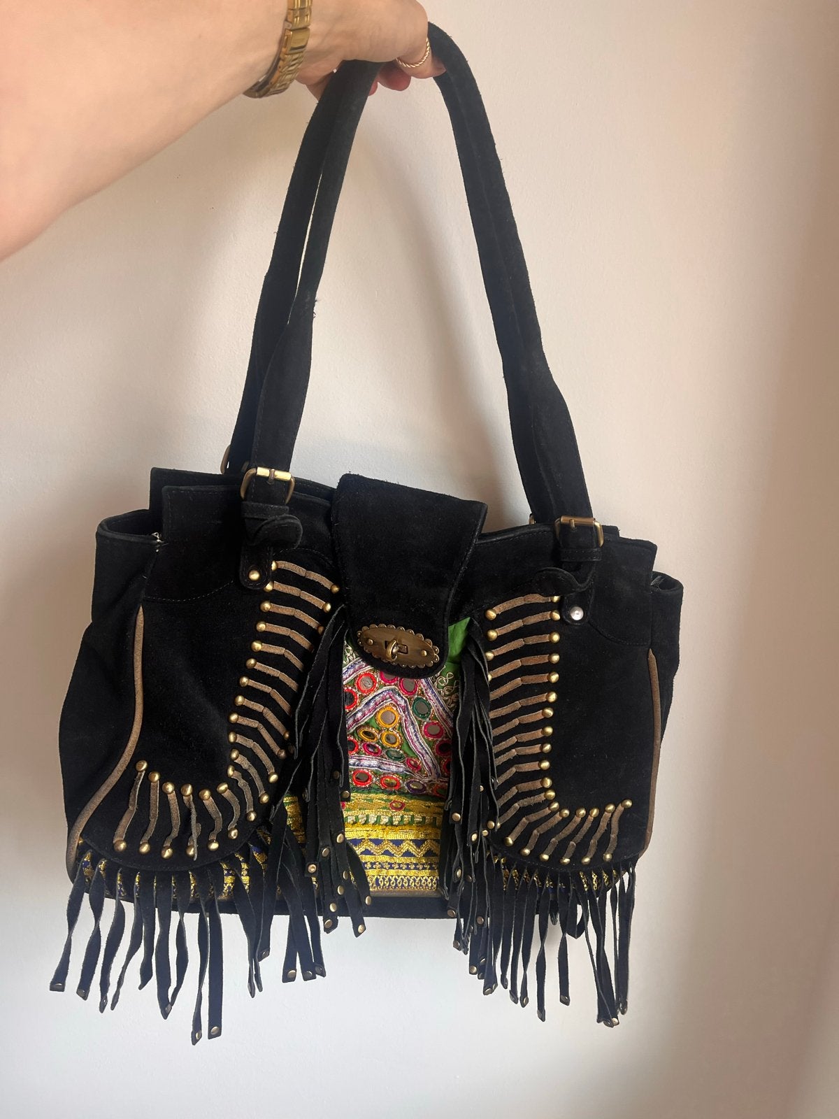 Echt suede hippie/bohemian Ibiza style tas, Ophalen of Verzenden, Gebruikt, Zwart, Handtas