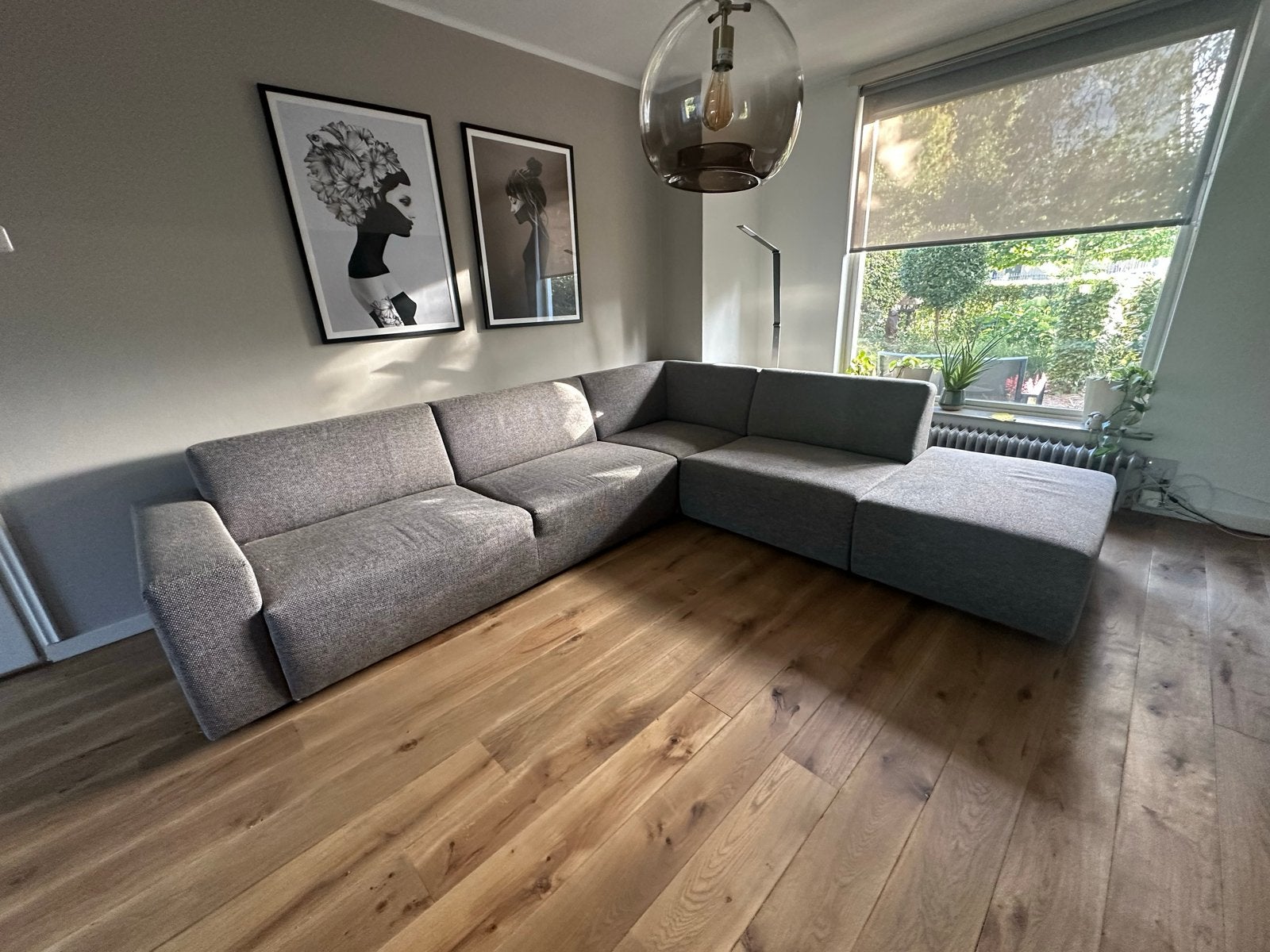 Montel grijze hoekbank met chaise longue, Huis en Inrichting, Ophalen, Gebruikt, Hoekbank, 300 cm of meer