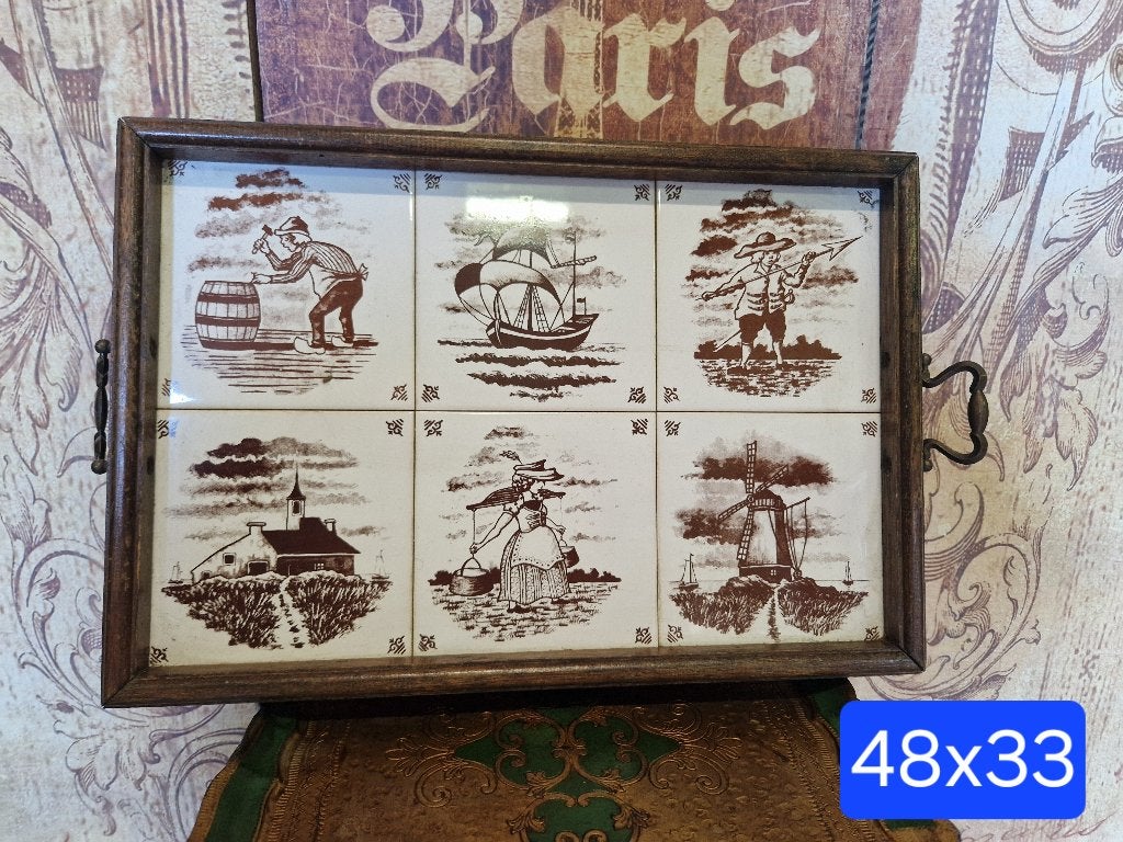 Gaaf vintage dienblad met tegeltjes, Ophalen of Verzenden, Zo goed als nieuw, Rechthoekig, Hout