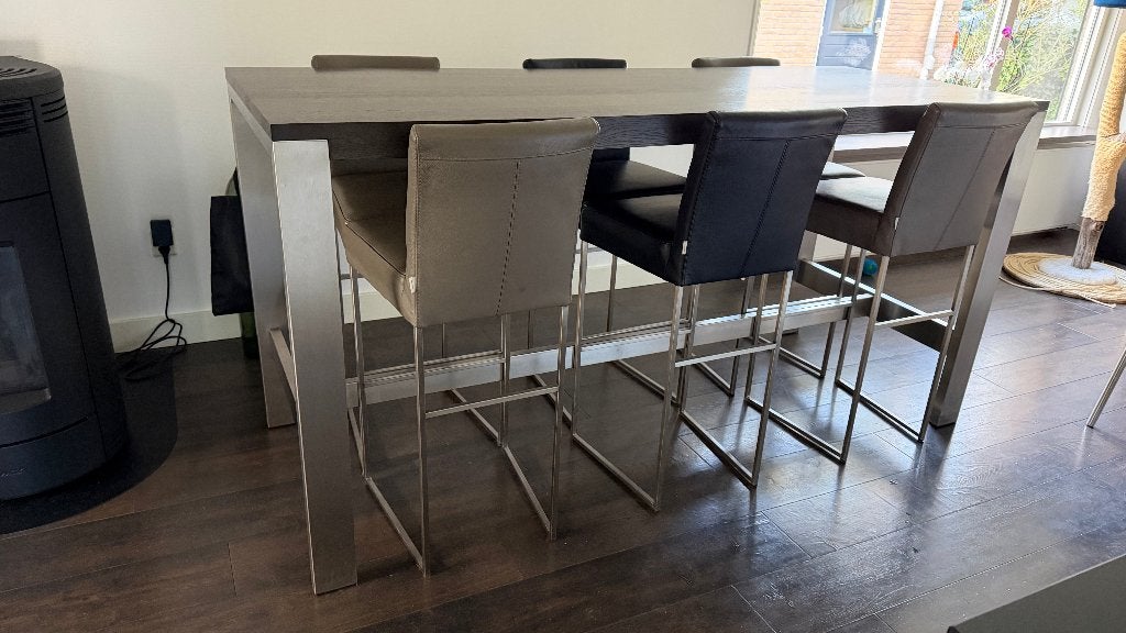 Bert Plantagie Bridge bartafel met 6 leren barstoelen, Ophalen, Gebruikt, 4 tot 6 stoelen