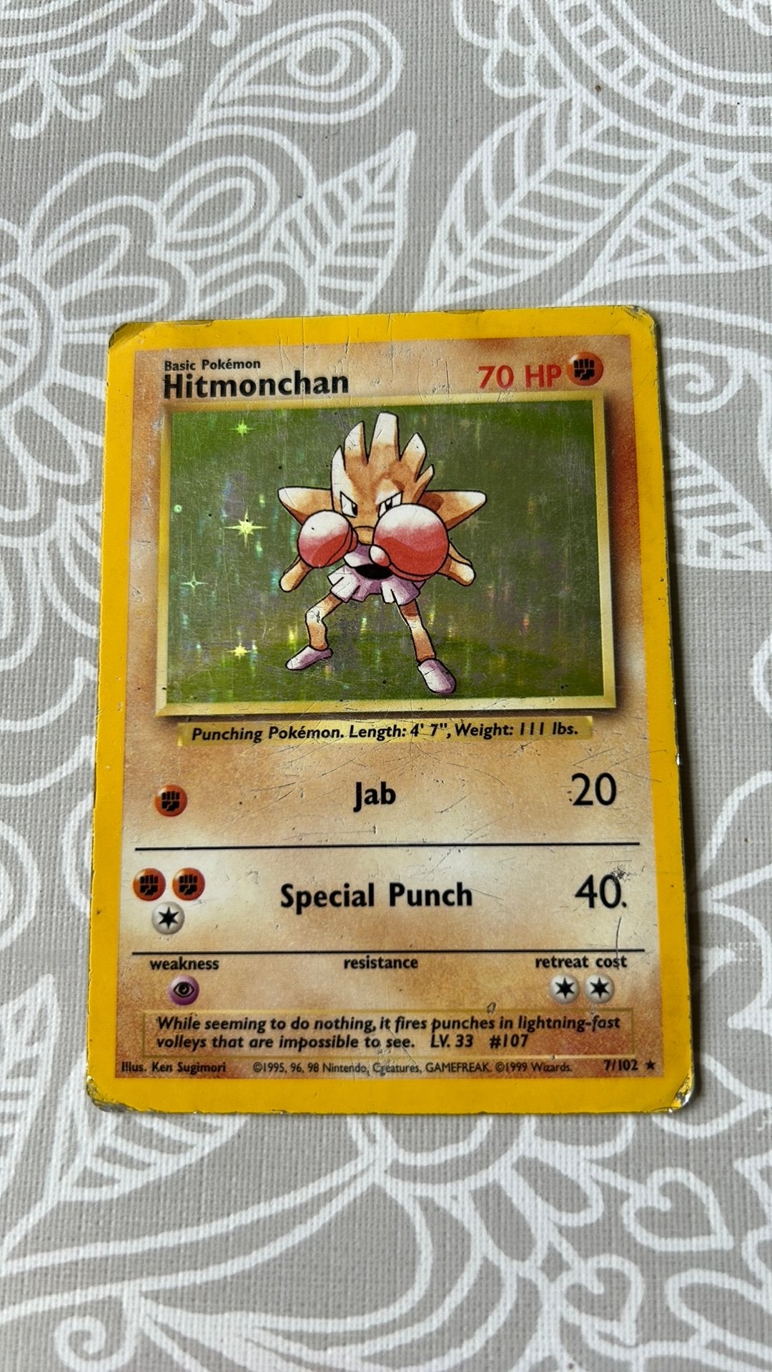 Pokémon hitmonchan 7/102 Holo Base set WOTC Card PLAYED, Ophalen of Verzenden, Gebruikt, Losse kaart