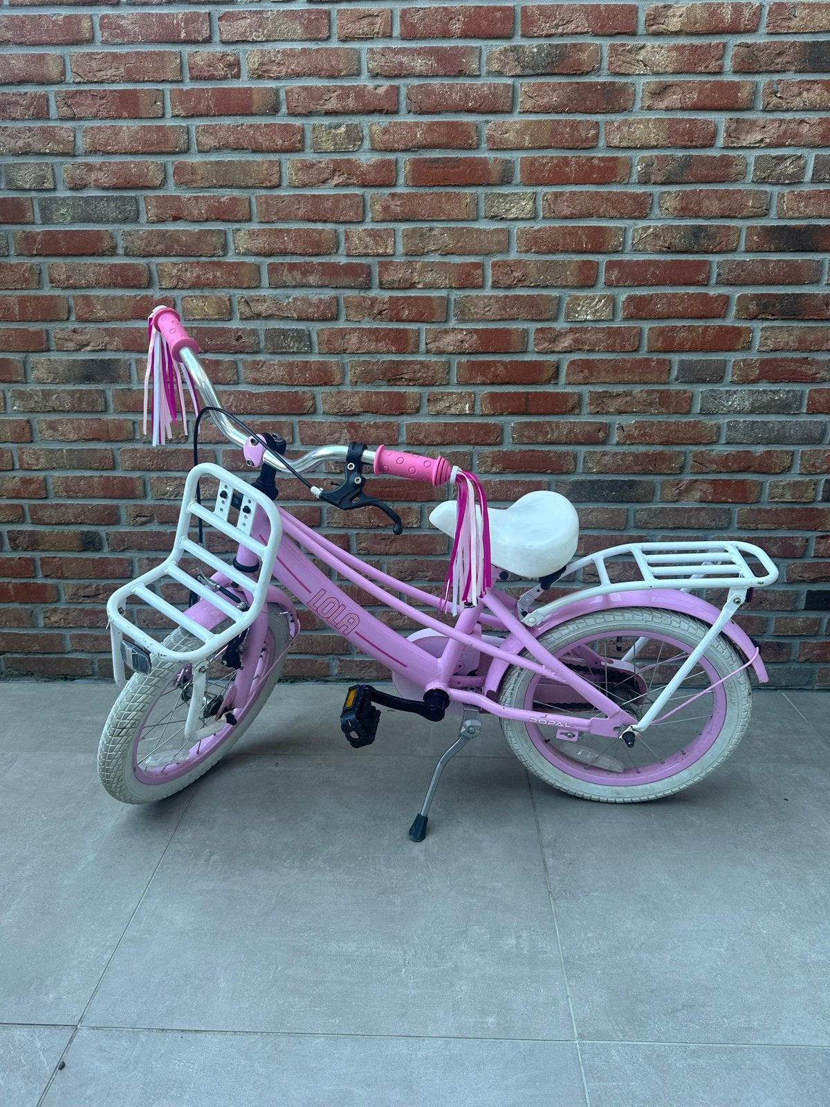 Lola kinderfiets roze 16 inch met voordrager en bagagedrager, Ophalen, Gebruikt, Terugtraprem, 16 tot 20 inch