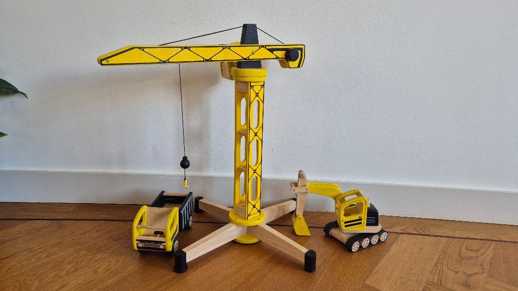 Pintoy set: Kraan, graafmachine & kiepwagen, Kinderen en Baby's, Speelgoed | Houten speelgoed, Ophalen of Verzenden, Gebruikt
