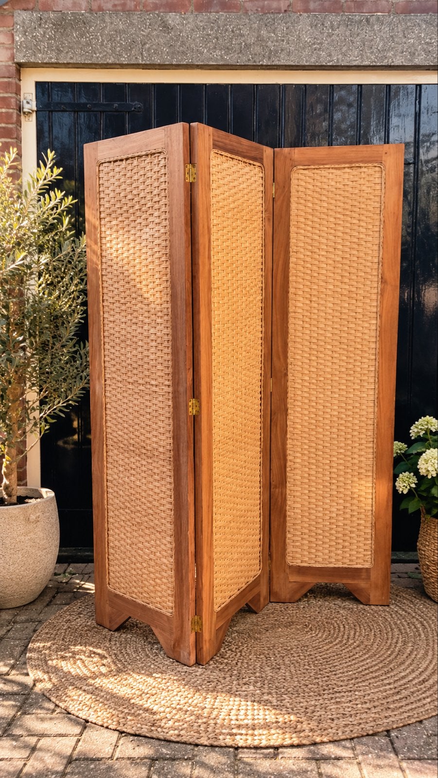 Stijlvol houten kamerscherm met rotan panelen, Ophalen, Zo goed als nieuw
