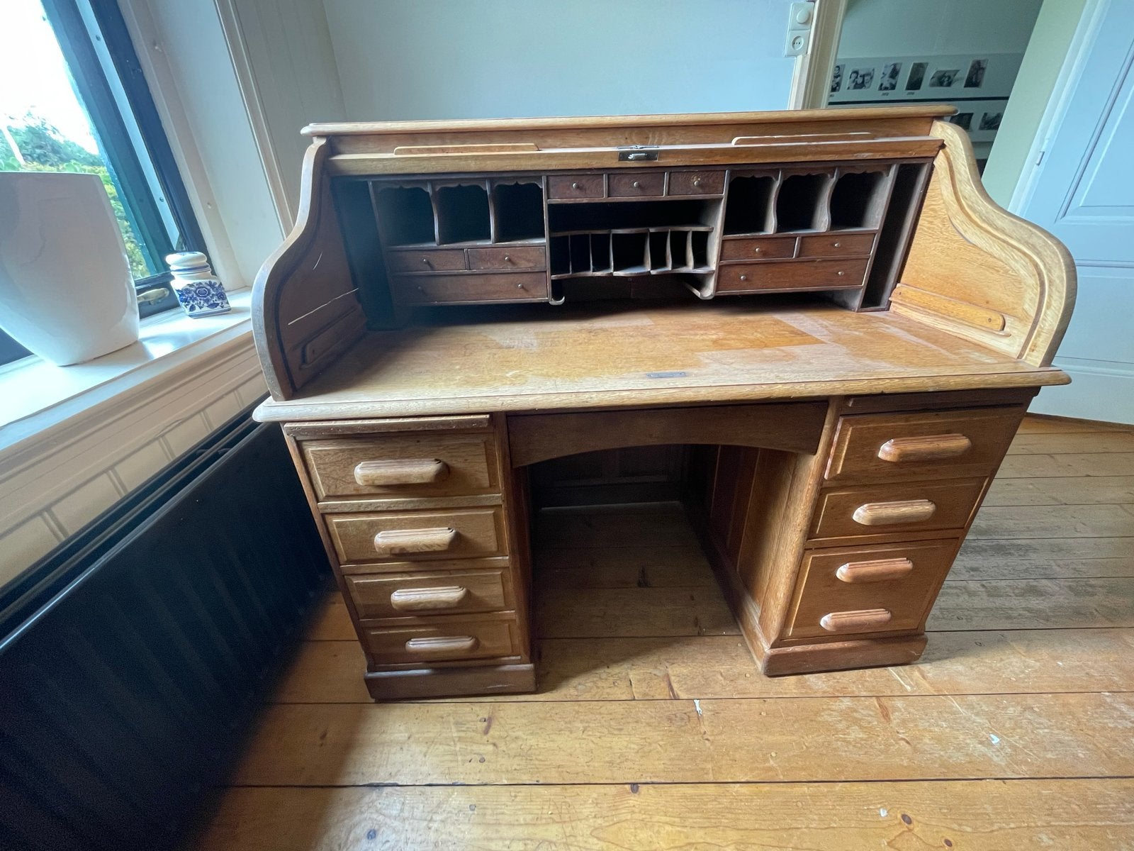 Antiek Eiken Roltop Bureau met Lades, Ophalen of Verzenden