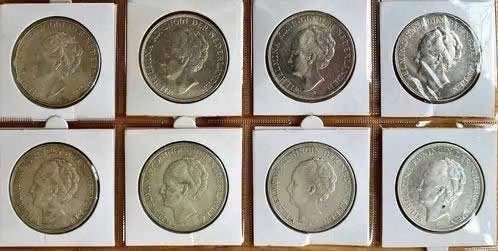 8 zilveren rijksdaalders Wilhelmina, Setje, Zilver, Ophalen of Verzenden, Koningin Wilhelmina