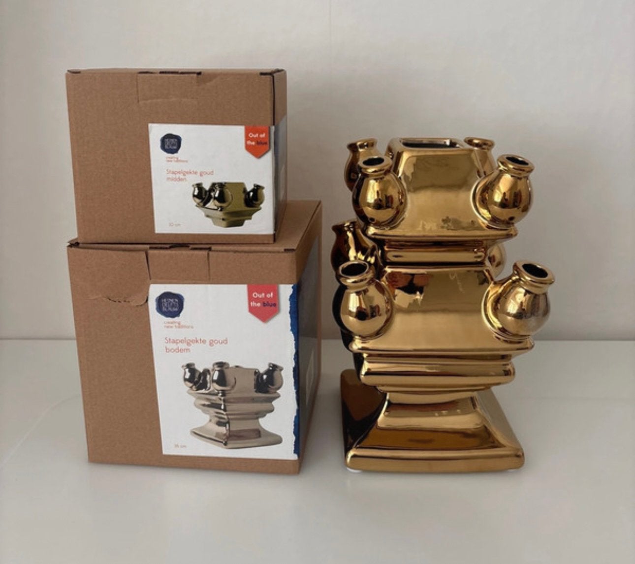 Tulpenvaas Stapelgekte - Goud - Midden en Bodem, Huis en Inrichting, Woonaccessoires | Vazen, Zo goed als nieuw, Blauw, Ophalen of Verzenden