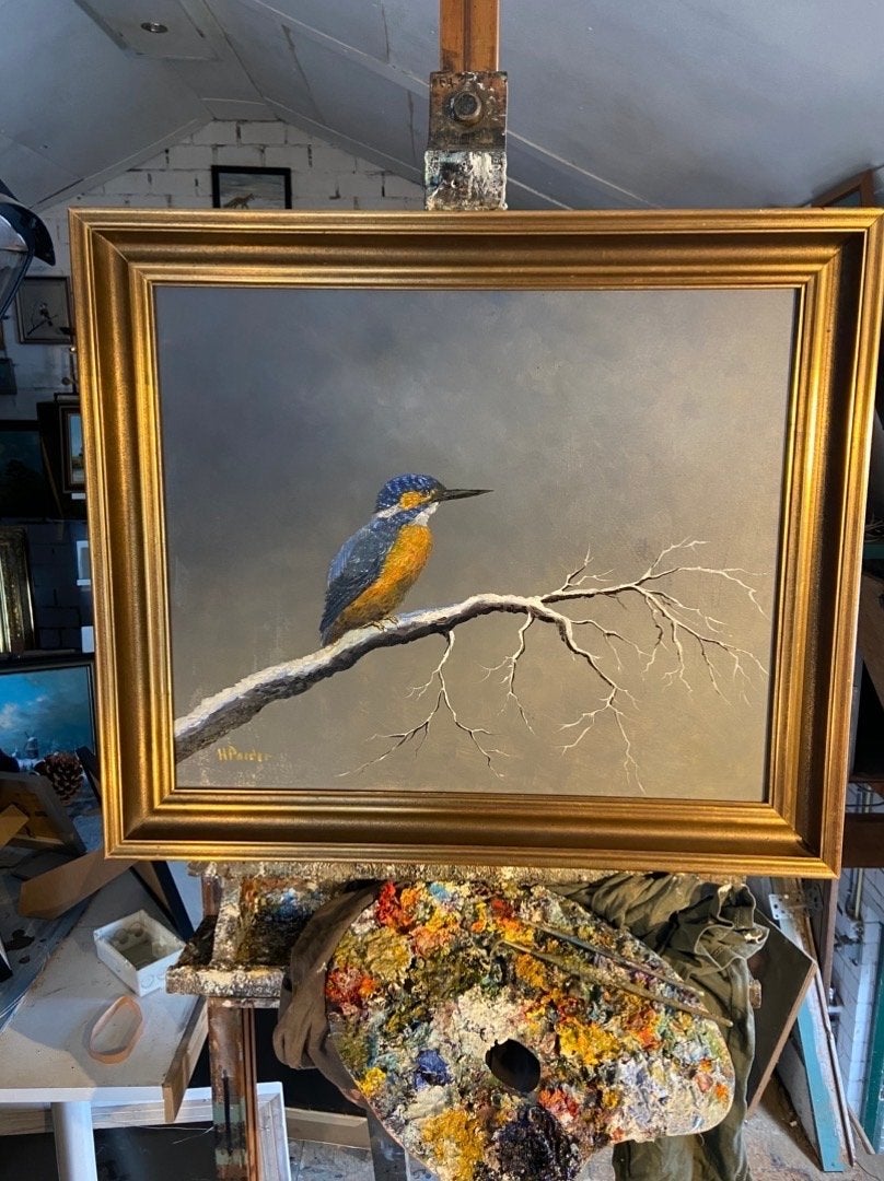 Schilderij IJsvogel op tak  olieverf op paneel, Antiek en Kunst, Doek, Realistisch, Dieren, Ophalen of Verzenden