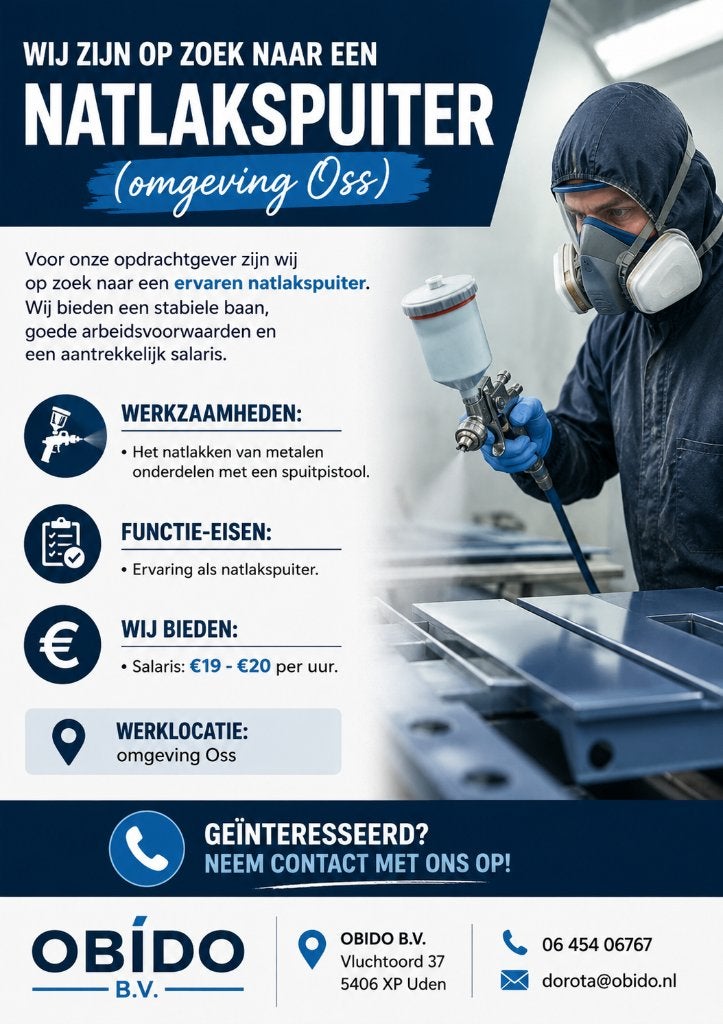 Wij zijn op zoek naar een natlakspuiter (omgeving Oss), 33 - 40 uur, Overige niveaus, Vanaf 1 jaar, Overige vormen