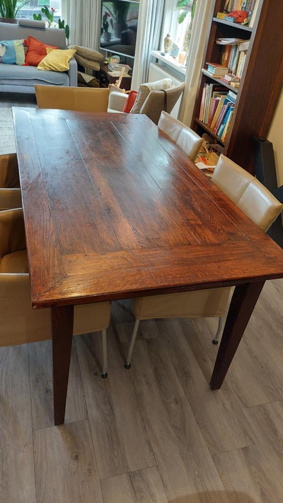 Robuuste mahoniehouten eettafel met 2 laatjes, rood/bruin, Gebruikt, Vijf personen of meer, 150 tot 200 cm, Rechthoekig