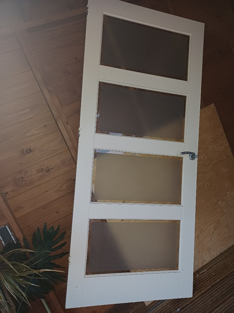 Stompe binnendeur, links, 4 melkglas ramen, wit, Ophalen, Gebruikt, 80 tot 100 cm, Binnendeur
